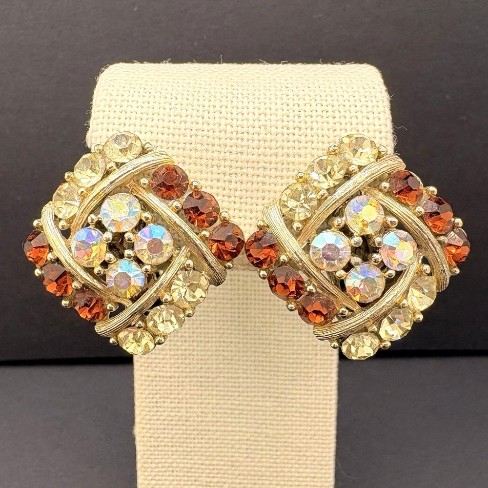 Vintage Lisner Aurora Borealis & Amber Rhinestone Gold Tone Clip On Earrings